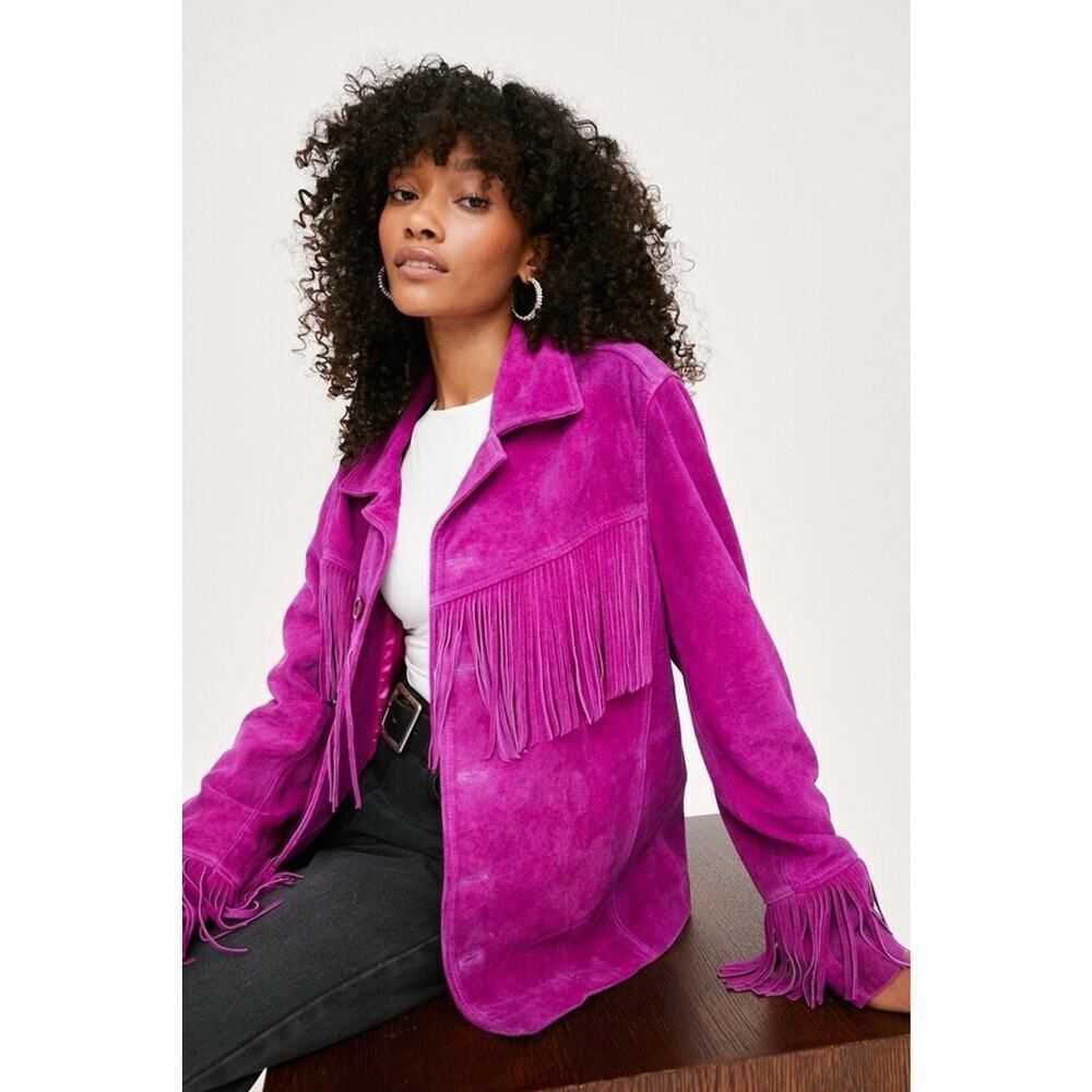 Nasty Gal Real Suede Fringe Jacket Orchid Pink Western Boho Oversized US 6
